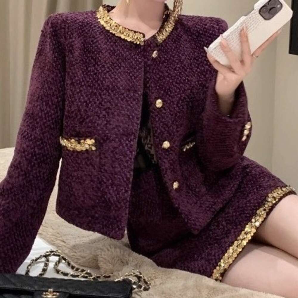 DHEssentials French Rich Lady Socialite Little Chanel Style Set 2025 Autumn Winter New Black Sequin Woolen Blazer for Women
