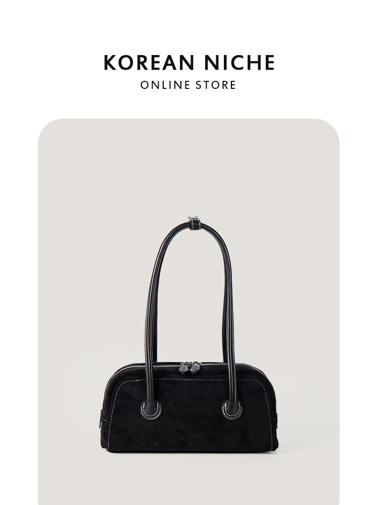 2025 Autumn/Winter New Korean Niche Texture Suede One-Shoulder for Women Retro Minimalist Handbag Boston Bag