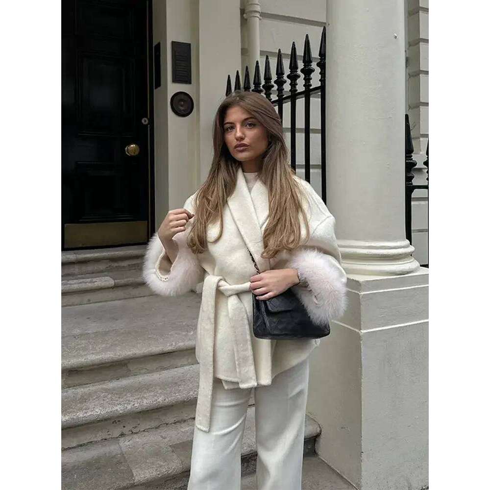 Elegant Lace Up Woolen Short Coat Solid Loose Lapel Furry Belt Long Sleeve Female Jacket 2025 Autumn Winter Lady Chic Cardigan