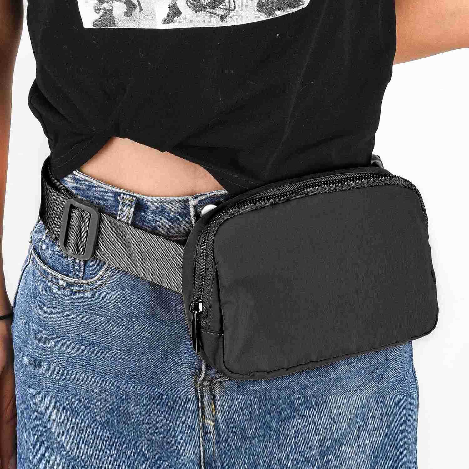 Black Mini Belt Bag Fashion Waist Packs Unisex Fanny Packs for Women Men crossbody with Adjustable Strap for Outdoors Workout Travel Casual Running Hi