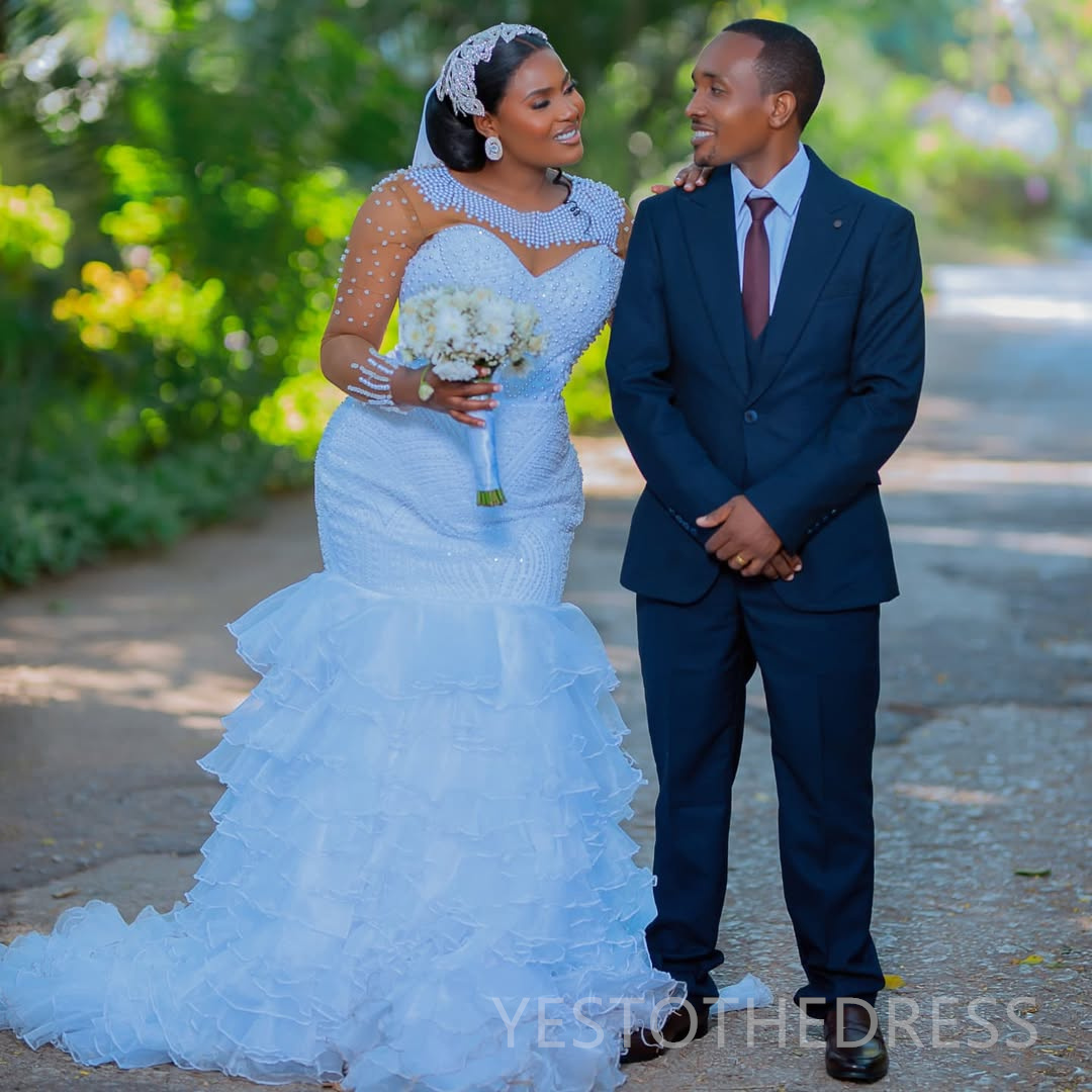 2025 Aso Ebi African Wedding Dress Bridal Gowns For Bride Mermaid Sheer Neck Pearls Illusion Beaded Lace Tires Appliqued Lace Wedding Gowns For Black 