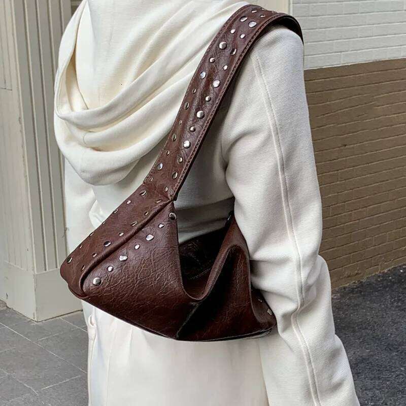 Punk Style Rivet Design Soft Leather Underarm Bags Women Solid Color Casual Shoulder Bag Large Capacity Lady Handbags Bolsas