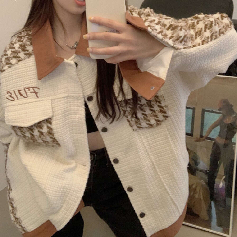 DHEssentials 2025 Long Sleeve Thickened Top Little Chanel Style High-end Houndstooth Color-blocking Baseball Jacket Women's Winter Clothing