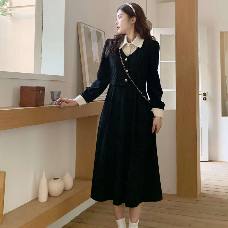 DHEssentials Buttons Can Be Opened Autumn Long Sleeve Chanel Lapel Fashionable Elegant Slimming Hepburn Style Dress