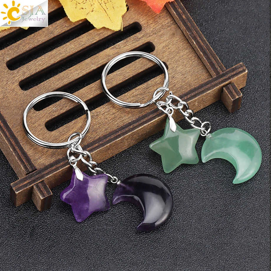 CSJA Healing Natural Stone Keychain Trendy Moon Star Charm Bead Pendant Silver Color Holder Key Ring Car Key Ring Bag Decor H368 M250912