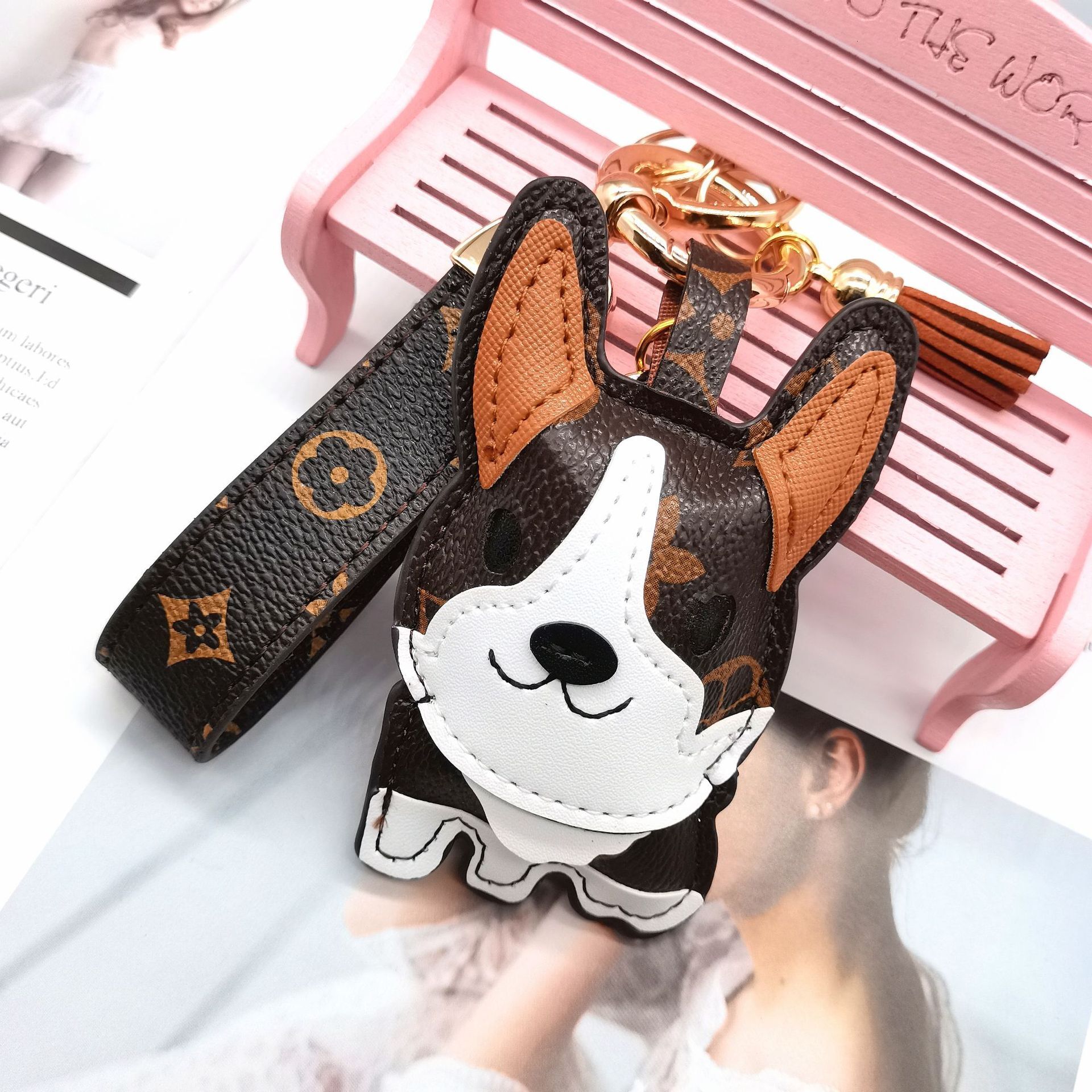 cartoon little corgi leather dog car keychain ring men's bags cute decoration figurine for women