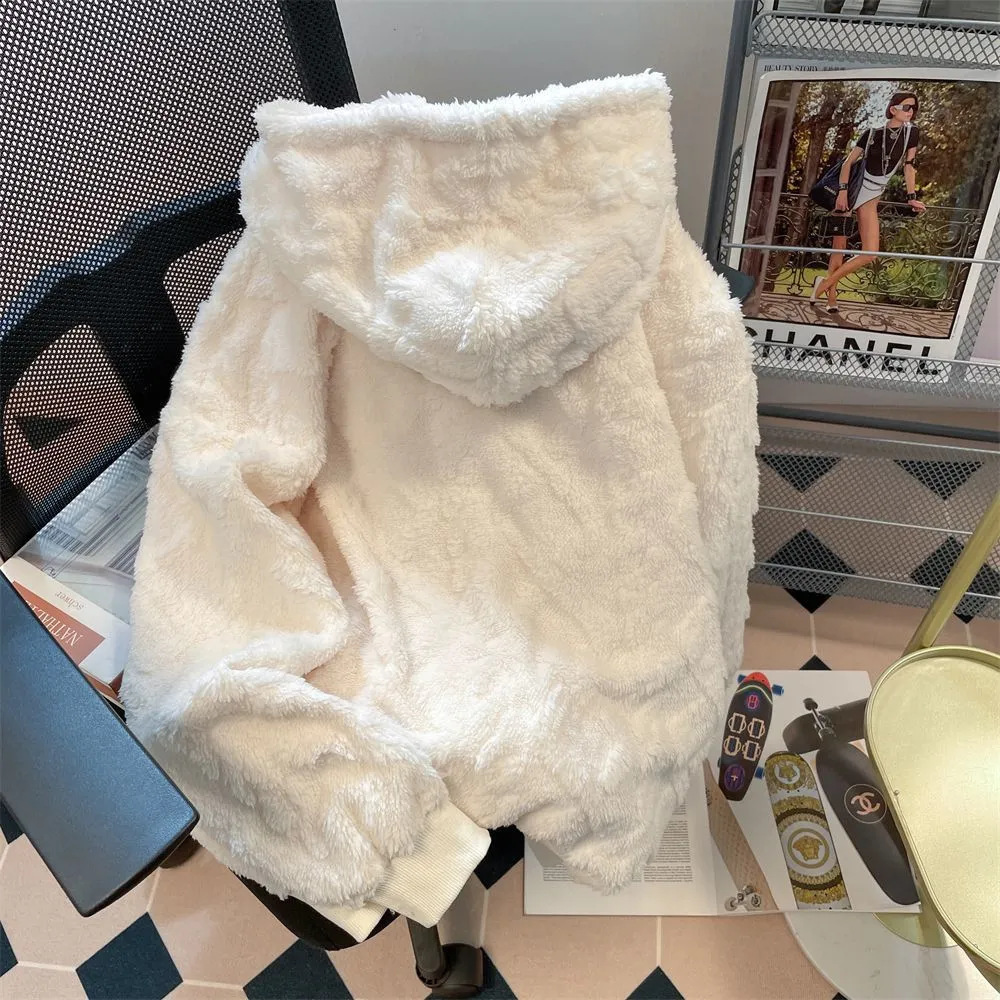 Cute Rabbit Big Ear Lamb Wool Sweater Embroidery Hoodies Women Korean Thickened Wooly Zip Up Hoodies Kawaii Goth Y2k Clothes 240810