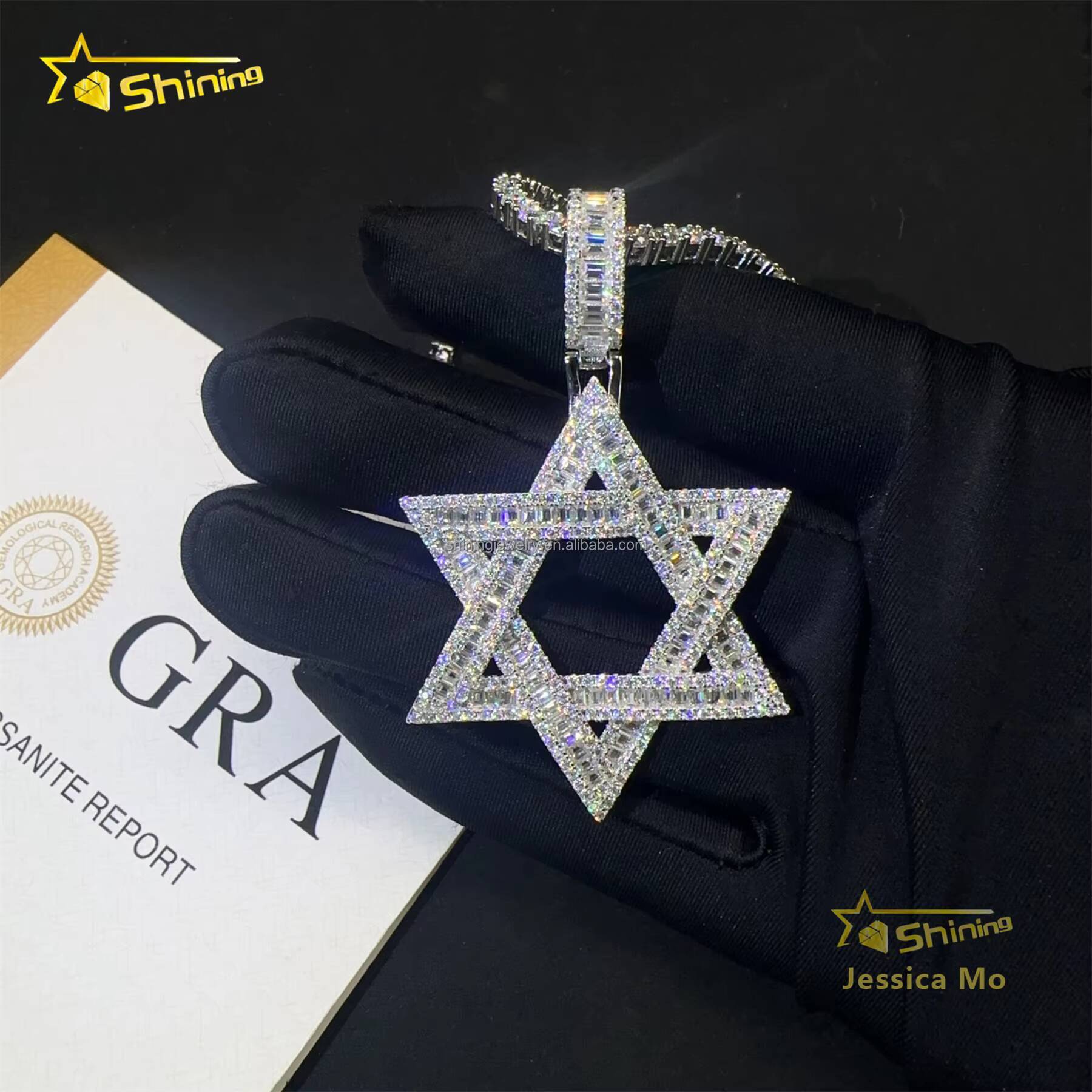 Drop Shipping Hot Selling Iced Out Rapper Pendant 925 Silver Vvs Baguette Moissanite Diamond Hip Hop Star Pendant Necklace Set