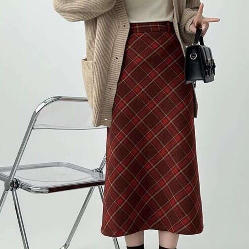 DHEssentials Red Plaid Woolen Midi for Women, Autumn and Winter French Style, Slimming High Waist Mid-Length A-Line Skirt
