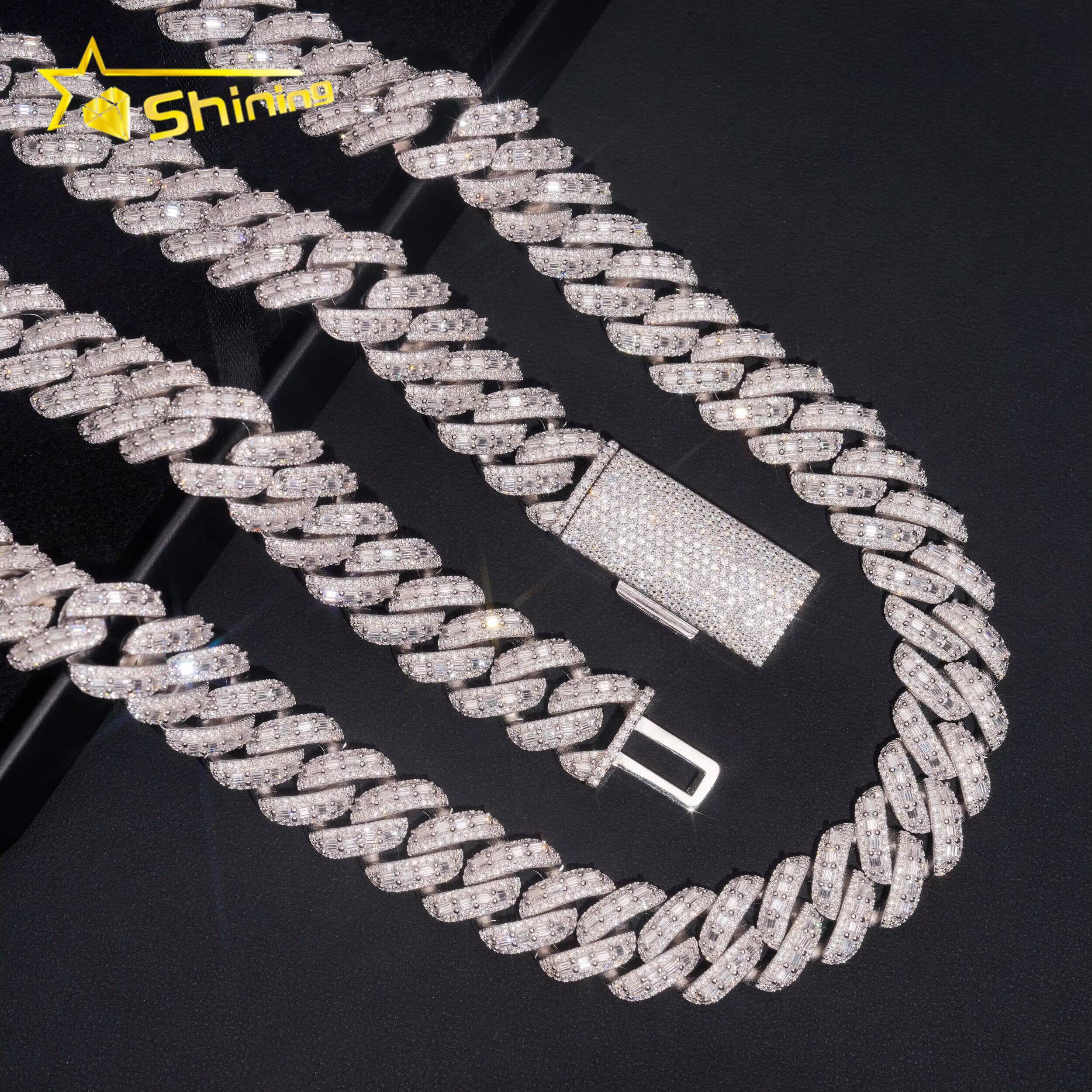 Baguette Moissanite 18mm Necklace Fine Jewelry VVS Iced Out Moissanite Pass Diamond Test 925Silver Gold Hip Hop Cuban Link Chain