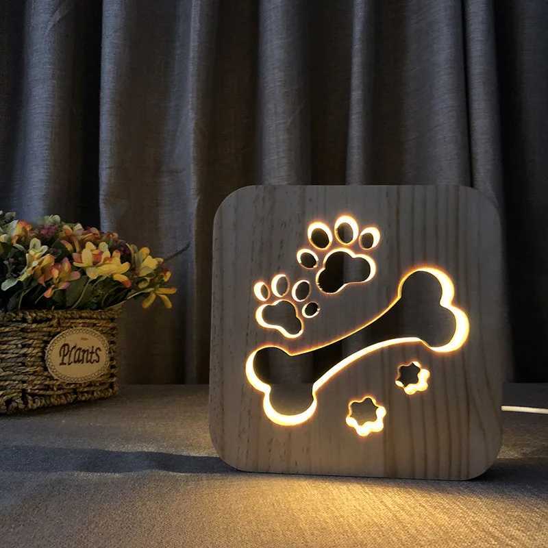 Acecorner LED USB Night Light Wooden Dog Paw Cat Wolf Head Animal Lamp Novelty Kid Bedroom 3D Decoration Table Lights Child Gift C251122