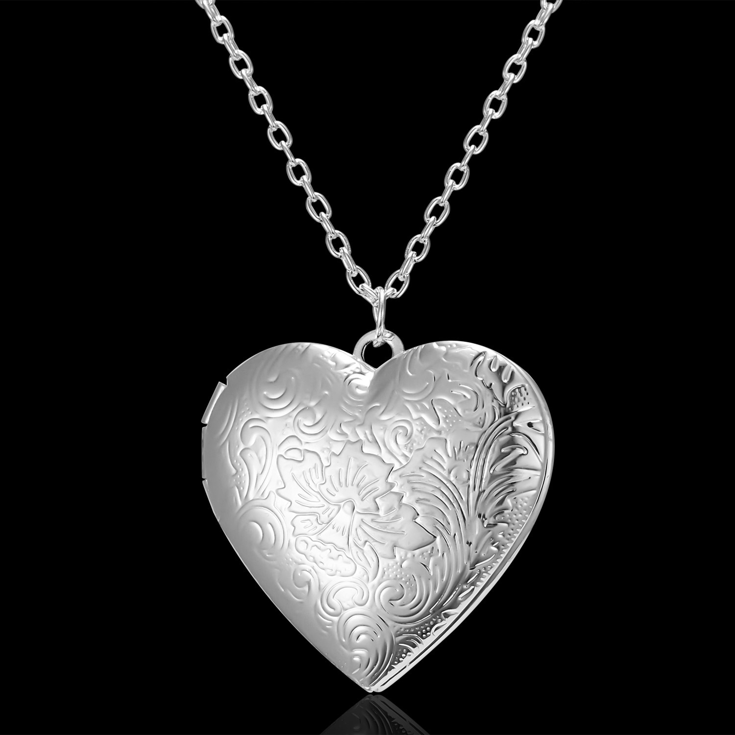 New Carved Peach Heart Openable Frame Box Photo Pendant Necklace for Women Sier Plated