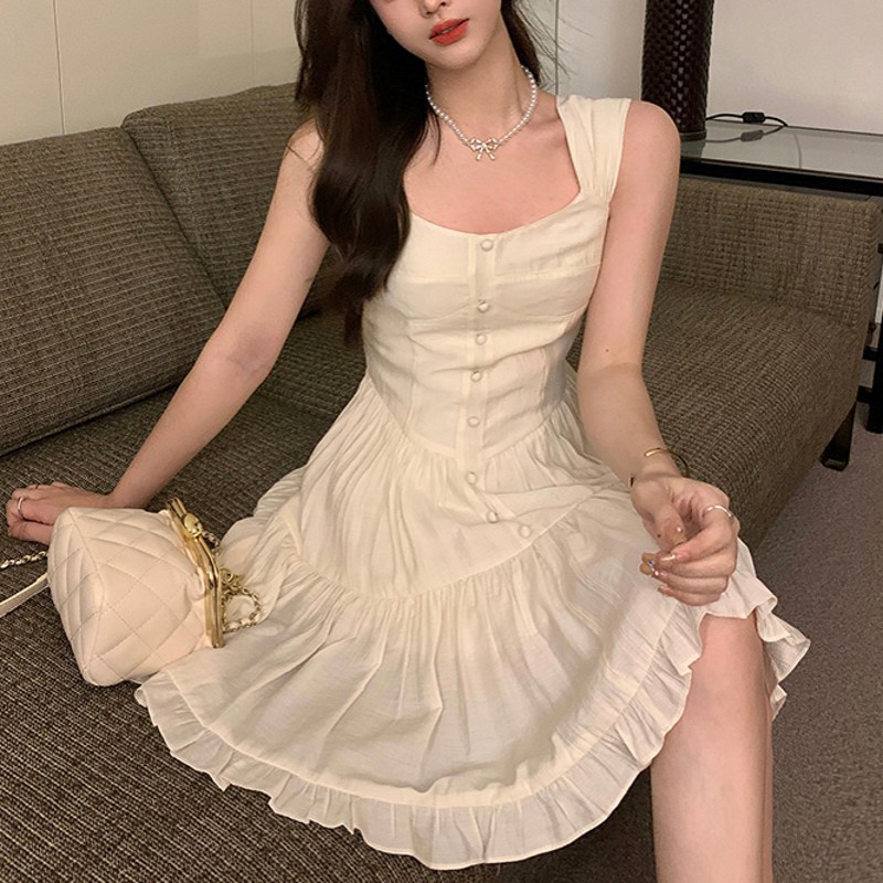 X15519 White Moonlight Temperament Sweet and Gentle Style Suspender Dress Women's Slimming Dress