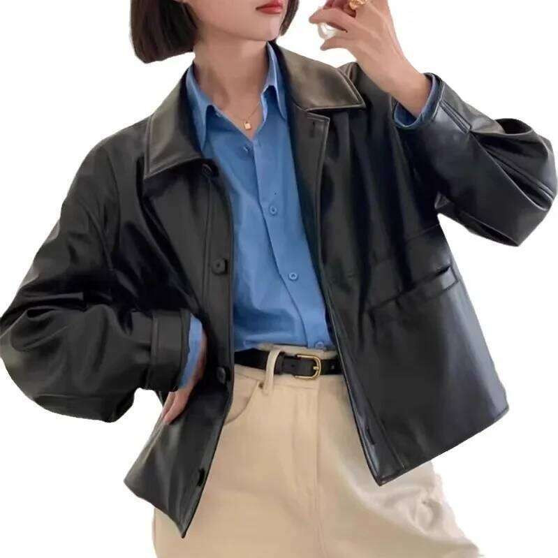 New Spring And Autumn Thin Japanese Style Vintage Lapel Single-Breasted Leather For Women Trendy Long Sleeve Jacket