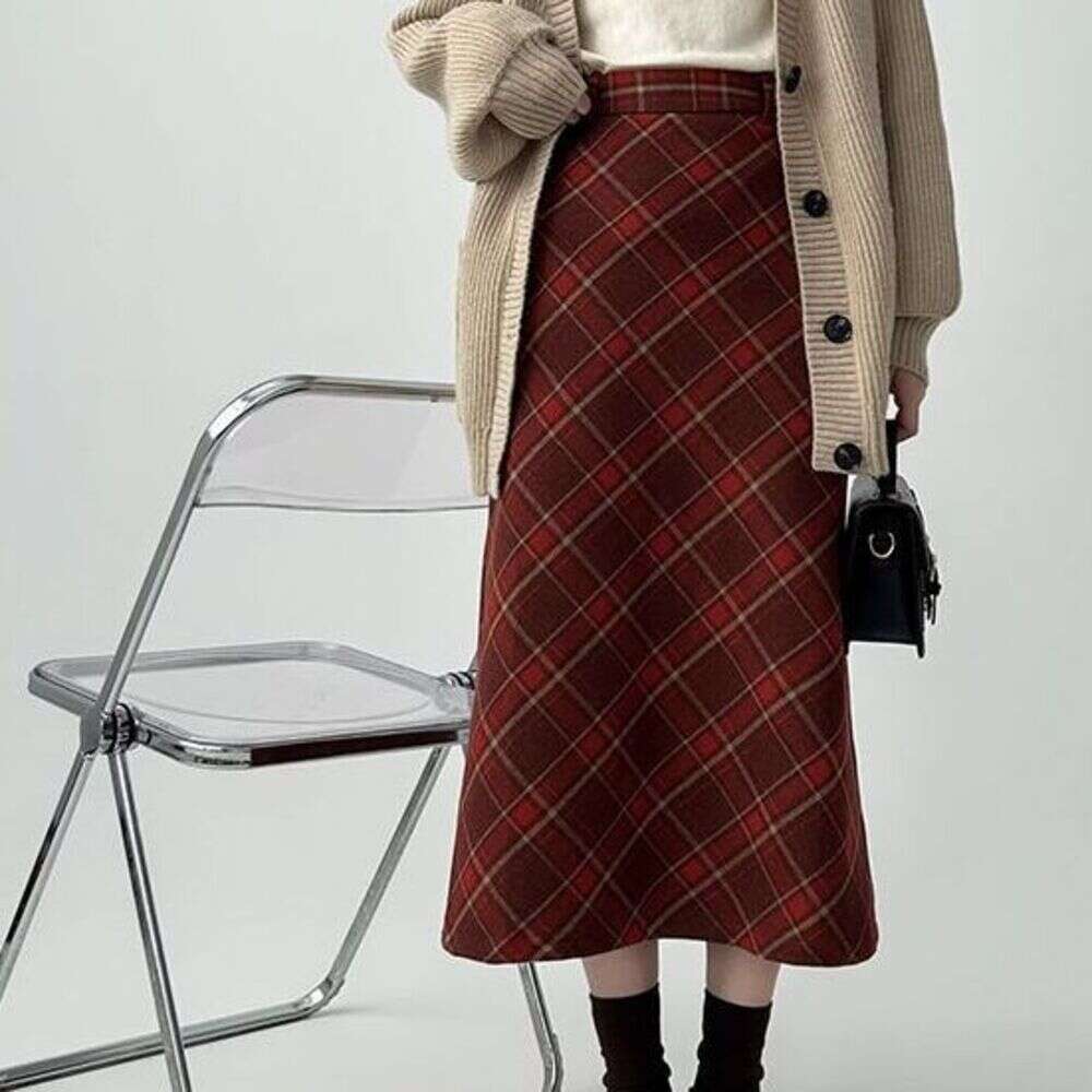 DHEssentials Red Plaid Woolen Midi for Women, Autumn and Winter French Style, Slimming High Waist Mid-Length A-Line Skirt