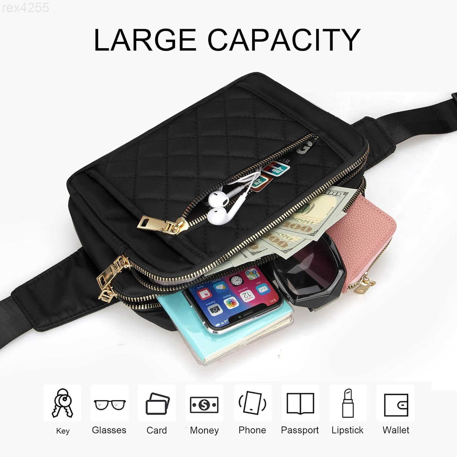 Large Black Fanny Packs for Women Cross Body Waist Bag Nylon Fashionable Fanny Pack Designer Workout Hiking Waist Pack Running Travel Gym Pretty Zippe