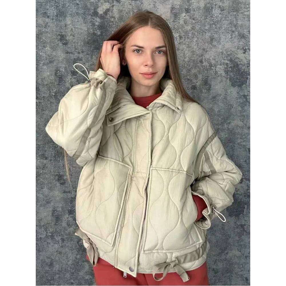 ZBZA Women Quilted Jacket Drawstring High Neck Zipper Hidden Button Clip Cotton Outerwear Fall Winter New Female Chic Coat