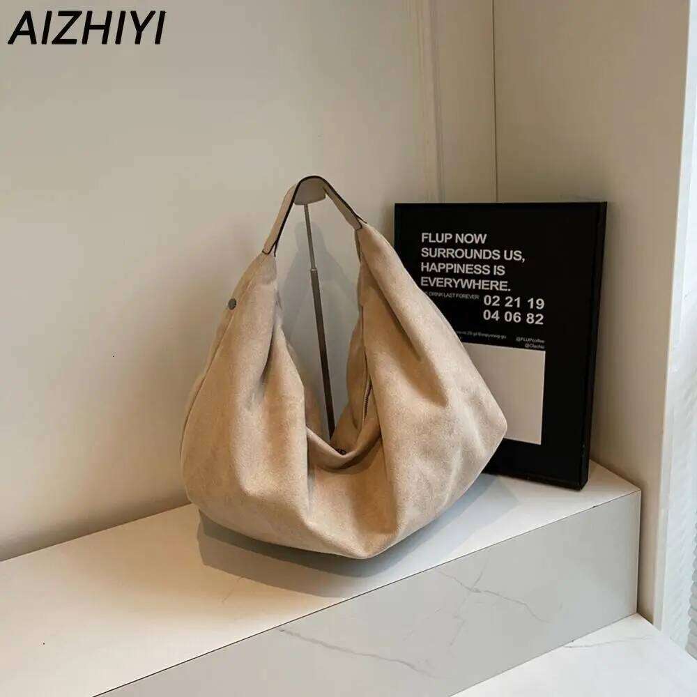 Women Suede Hobo Slouchy Underarm Bag With Zipper Large Capacity Handbag For Work Travel