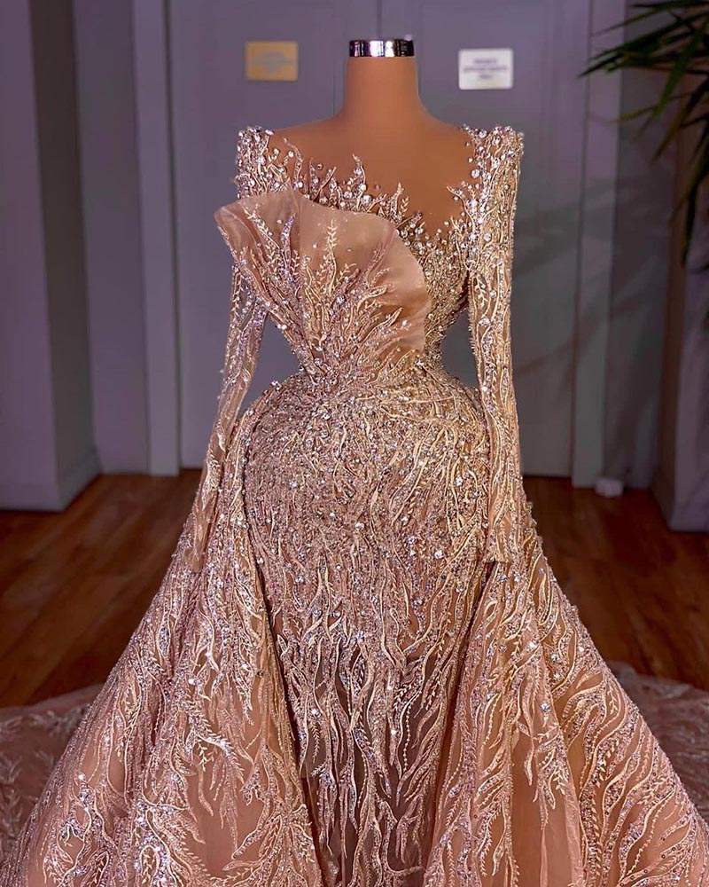 Exquisite Long Sleeve Sequins Evening Gowns Detachable Train Mermaid Prom Dresses Crystal Beadeds Customized Party Dresses