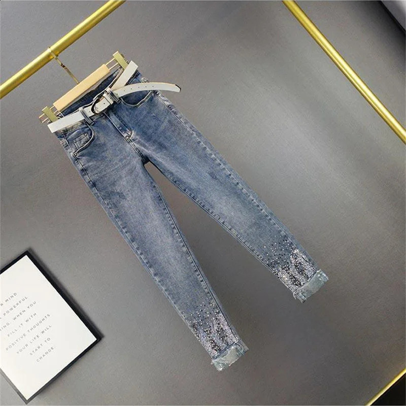 2025 Ladies Jeans Heavy Industry Rhinestone Skinny Jeans Women Spring Summer High Waist Denim Pants Korean Street Stretch Pants 250911