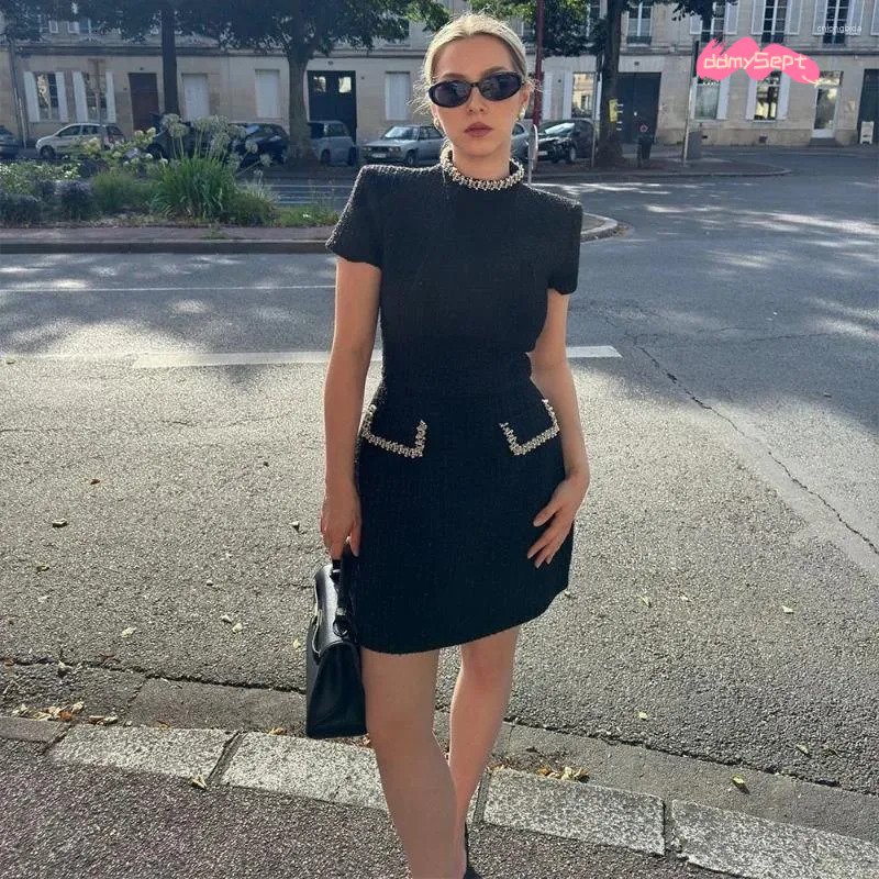 Two Piece Dress Talenza Women's Elegant Tweed A-Line Solid Slim Fit Short Sleeve Retro O-Neck Patchwork Evening ddmythur