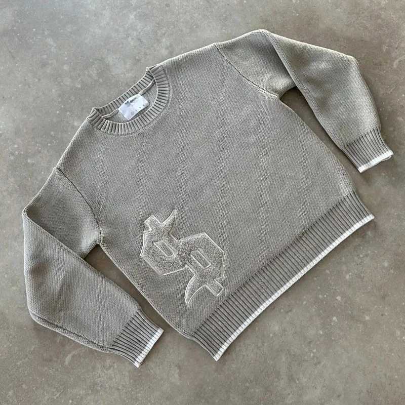 Y2K Round Neck Gray Knitted Sweater New Popular Symbol Pattern Retro Harajuku Pullover Autumn Winter Warm Boxy Mens Clothing W250905