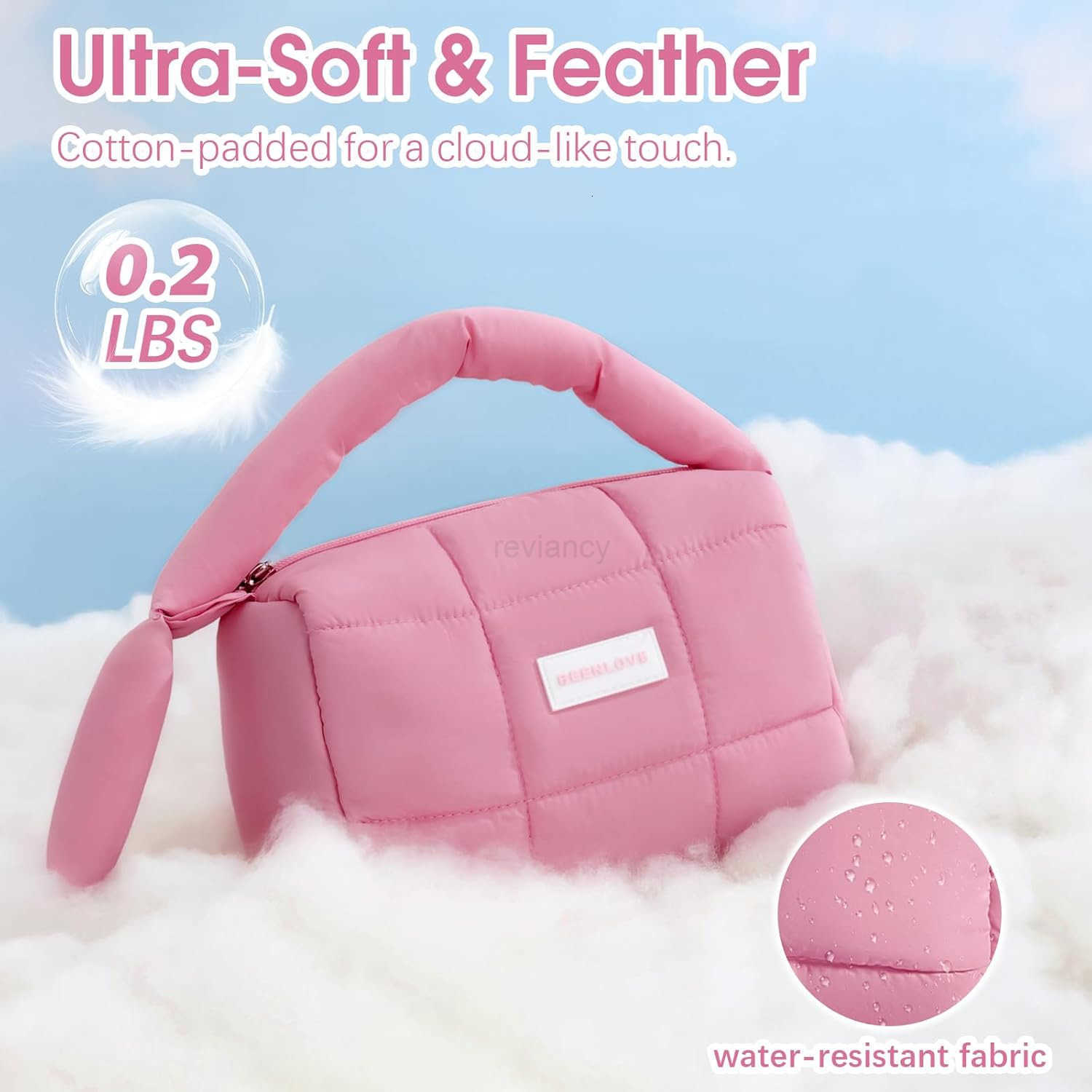Cute Puffy Makeup Bag with Handle Quilted Cosmetic Organizer Bag Waterproof Travel Toiletry Pouch Portable Handbag with Zipper for Women and Girls Ros