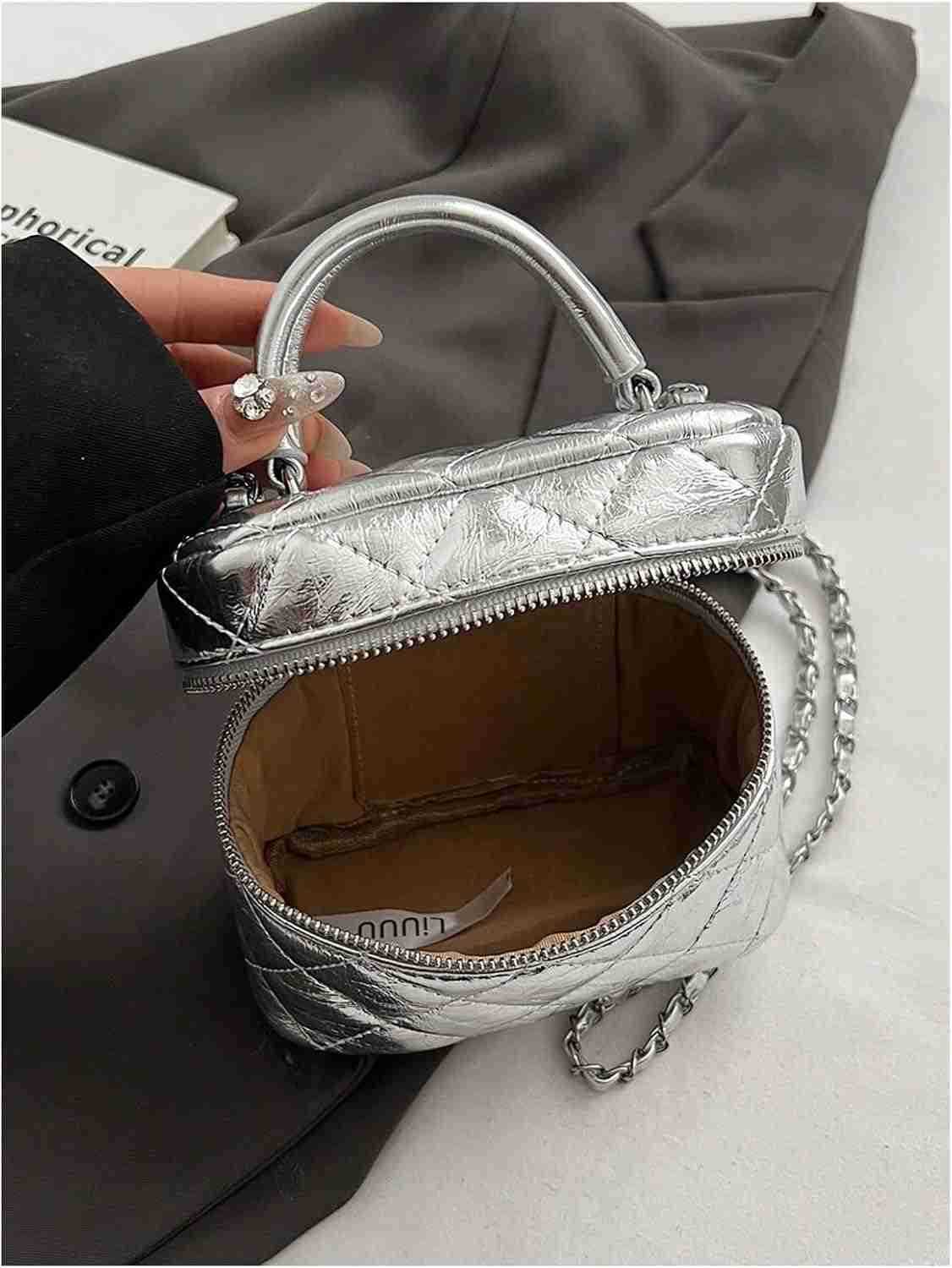 Womens Silver Top Handle Crossbody Bag Small Crocodile Embossed Satchel Bag Mini Bucket HandbagW250913