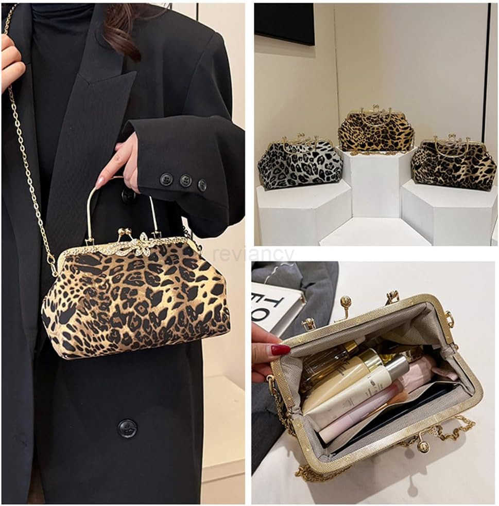 Evening Clutch Purse with Chain Cheetah Print Kiss Lock Evening Handbag and Purse Party Prom Evening Tote BagsW250913