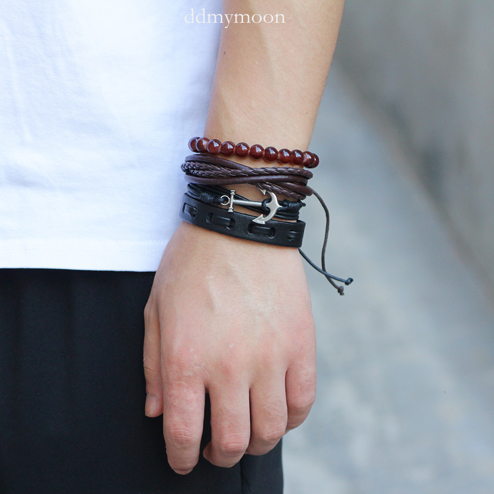 Qino New Navy Cowhide Multi-Strand Bracelet Handmade Woven Beaded National Style Jewelry Anchor Set for Men ddmymoon
