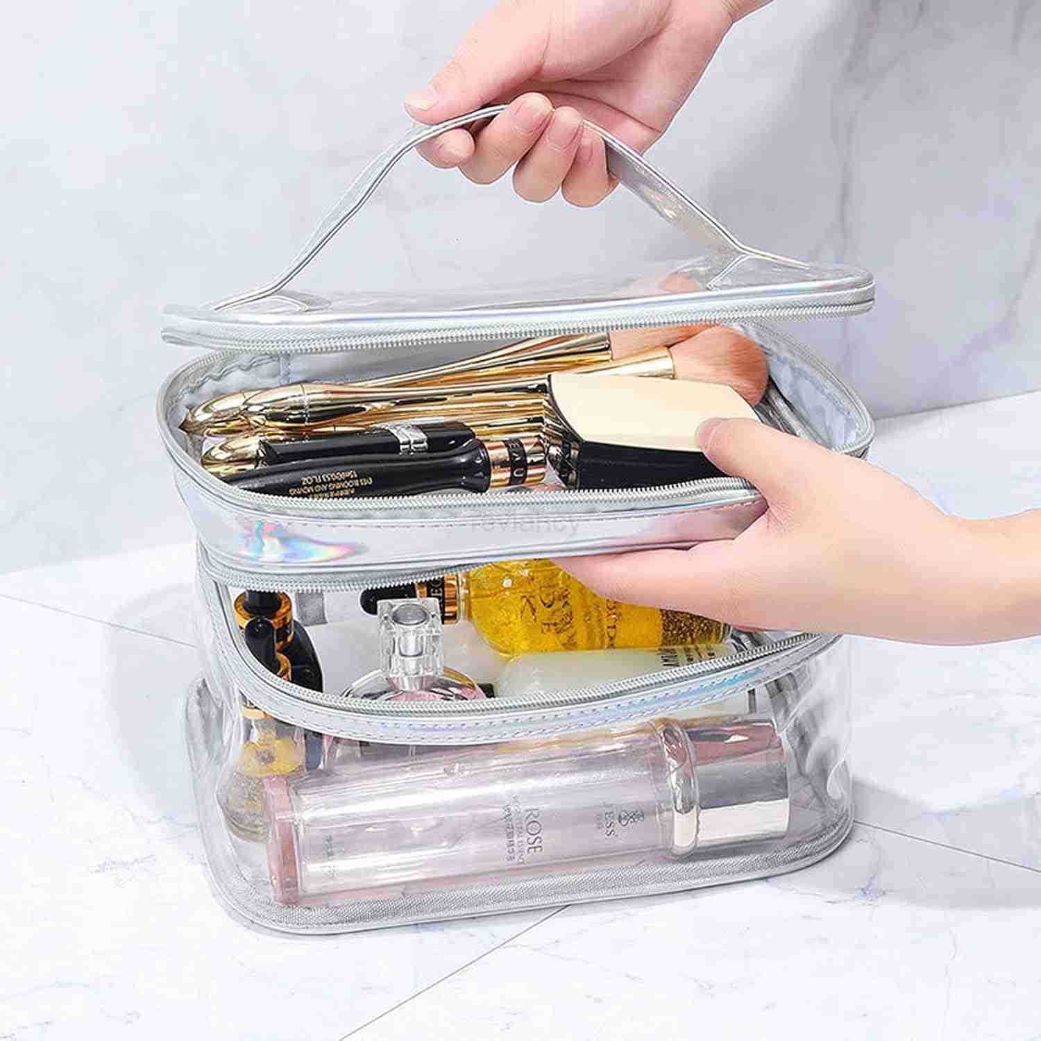 Clear Cosmetic Bag Dual Layer Travel Toiletry Bags Make up Organizer Waterproof Brushes HolderW250913