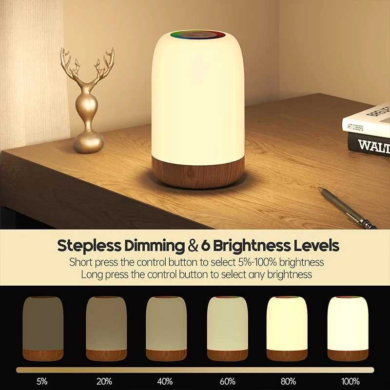 LED Touch Lamp with Dimmable RGB ColourWood Grain Table Lamp Timing FunctionUSB Rechargeable Night Lightfor Bedroom Kids Deco C250913