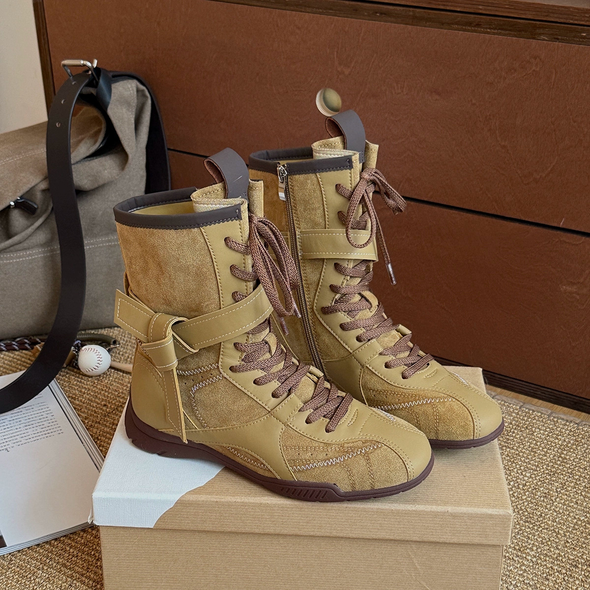 The 2025, best-selling retro matte niche boots, lace-up boxing boots, round-toed boots, versatile mid-calf western boots for women, free shipping