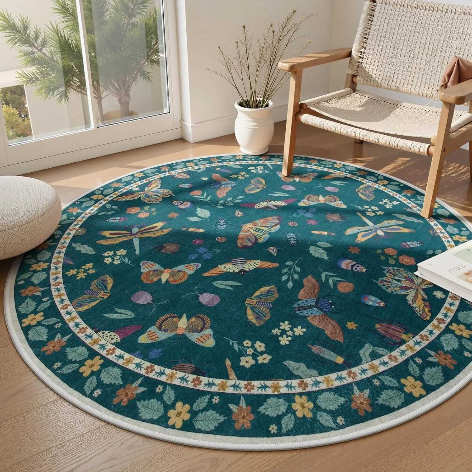 Round Living Room Carpet Green Insect Floral Carpets Home Decoration Rug for Bedroom Bedside Floor Mat Christmas Gifts C250913