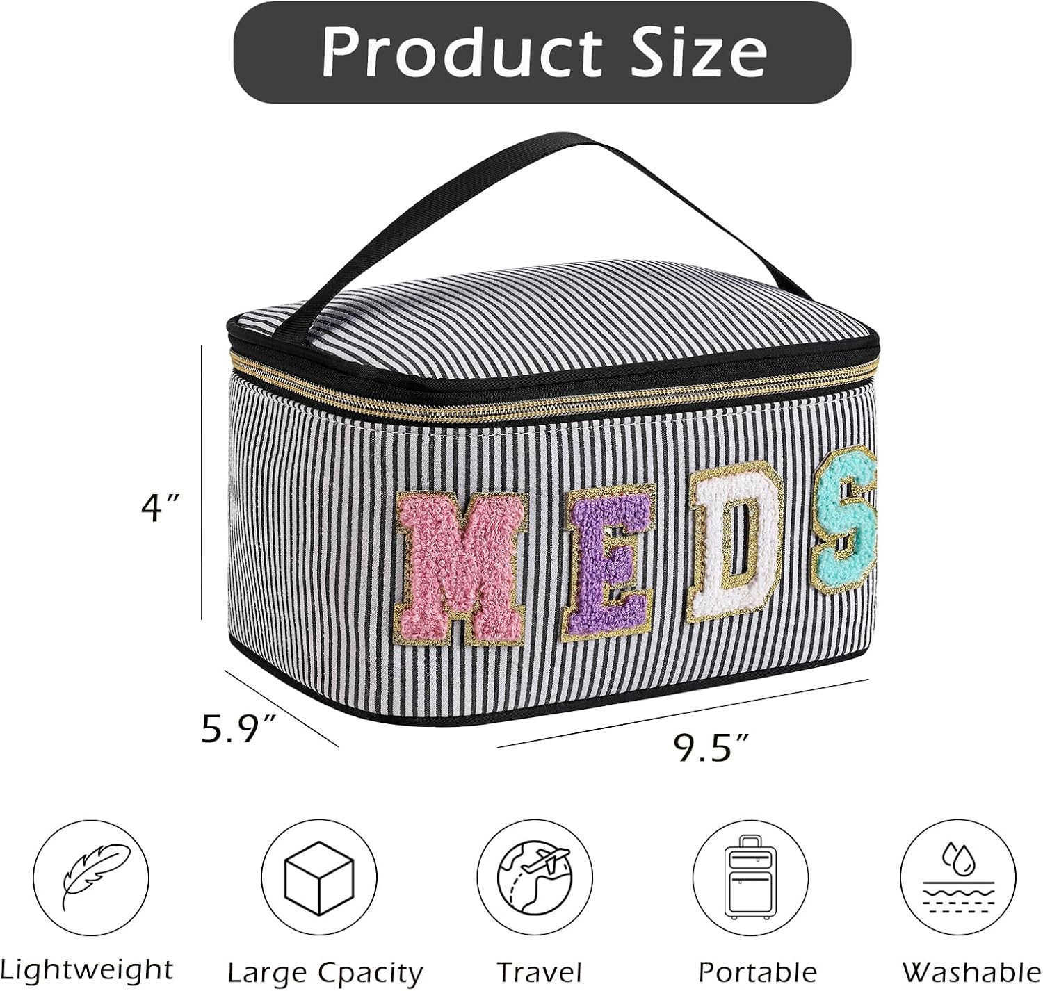 Personalized Chenille Letter Seersucker MEDS Makeup BagLarge Size Medicine RX Cosmetic Bag with Top Handle First Aid Travel Organizer Bag for Women Gi