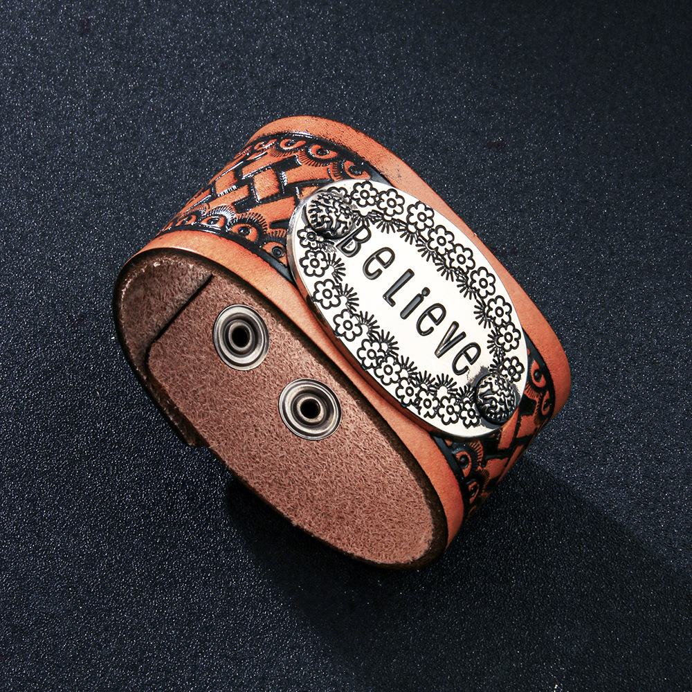 Temu English Alphabet Totem Eming Street Style Fashion Genuine Leather Bracelet for Men with High-end Feel ddmymoon