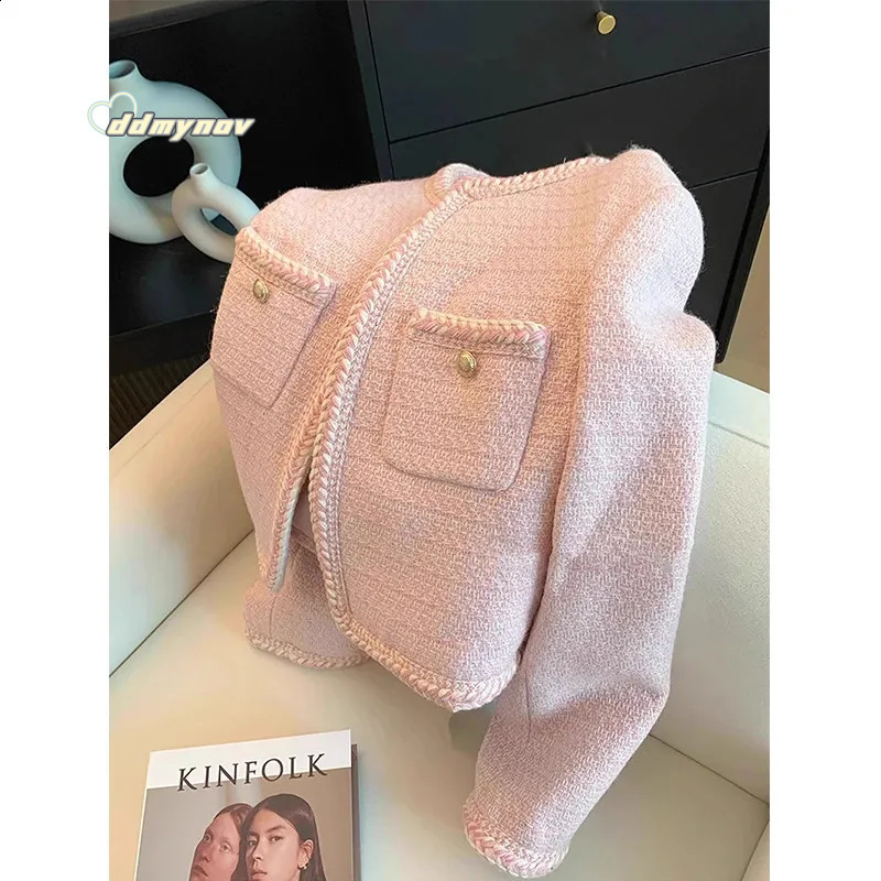 Elegant Tweed Jacket Women Sweet Cropped Pink Coat Winter Korean Single Breasted Blazer Ladies Vintage Short Outerwear 240821 ddmynov