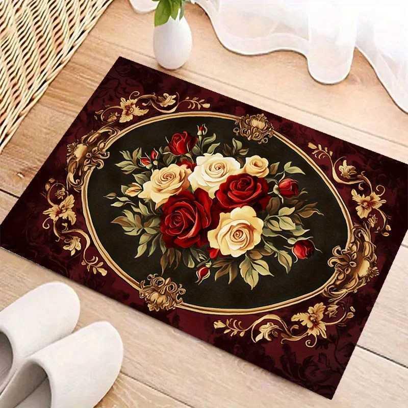 Retro Floral Area Rug Luxury Red White Rose Design Floor Mat for Entryway Bedroom Living Room NonPatchwork Large Size Carpet C250913