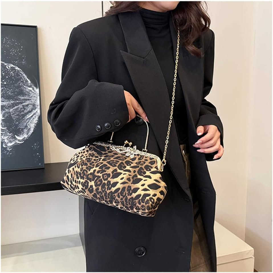 Evening Clutch Purse with Chain Cheetah Print Kiss Lock Evening Handbag and Purse Party Prom Evening Tote BagsW250913