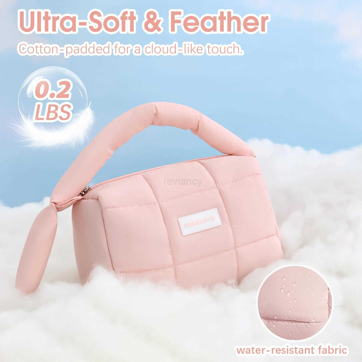 Cute Puffy Makeup Bag with Handle Quilted Cosmetic Organizer Bag Waterproof Travel Toiletry Pouch Portable Handbag with Zipper for Women and Girls Pin