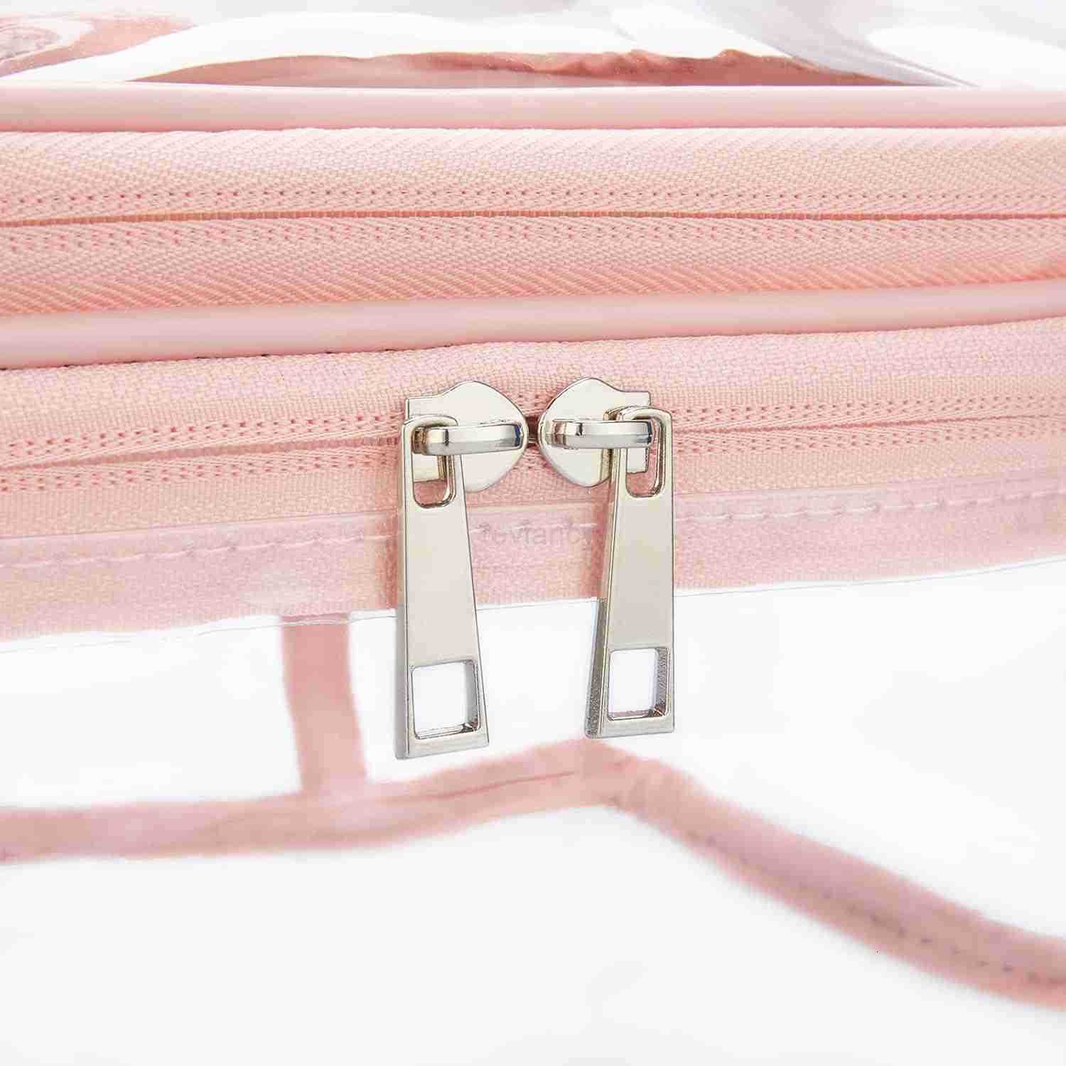 Double Layer Clear Cosmetic Bag Makeup Bag Waterproof Travel Toiletry Bag Transparent PVC Hair Nail Accessories Pouch Beach Bag Organizer PinkW250913