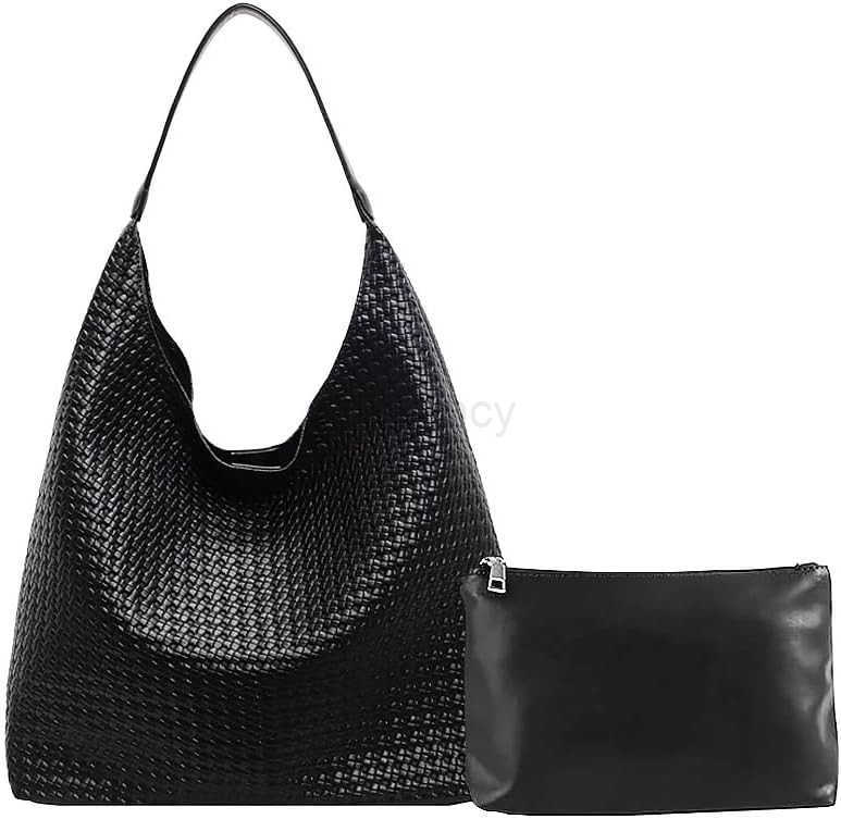 Tote Bag for Women Tophandle Shoulder Bag Leather Woven Beach Bag Soft Vegan Handbag Underarm BlackW250913