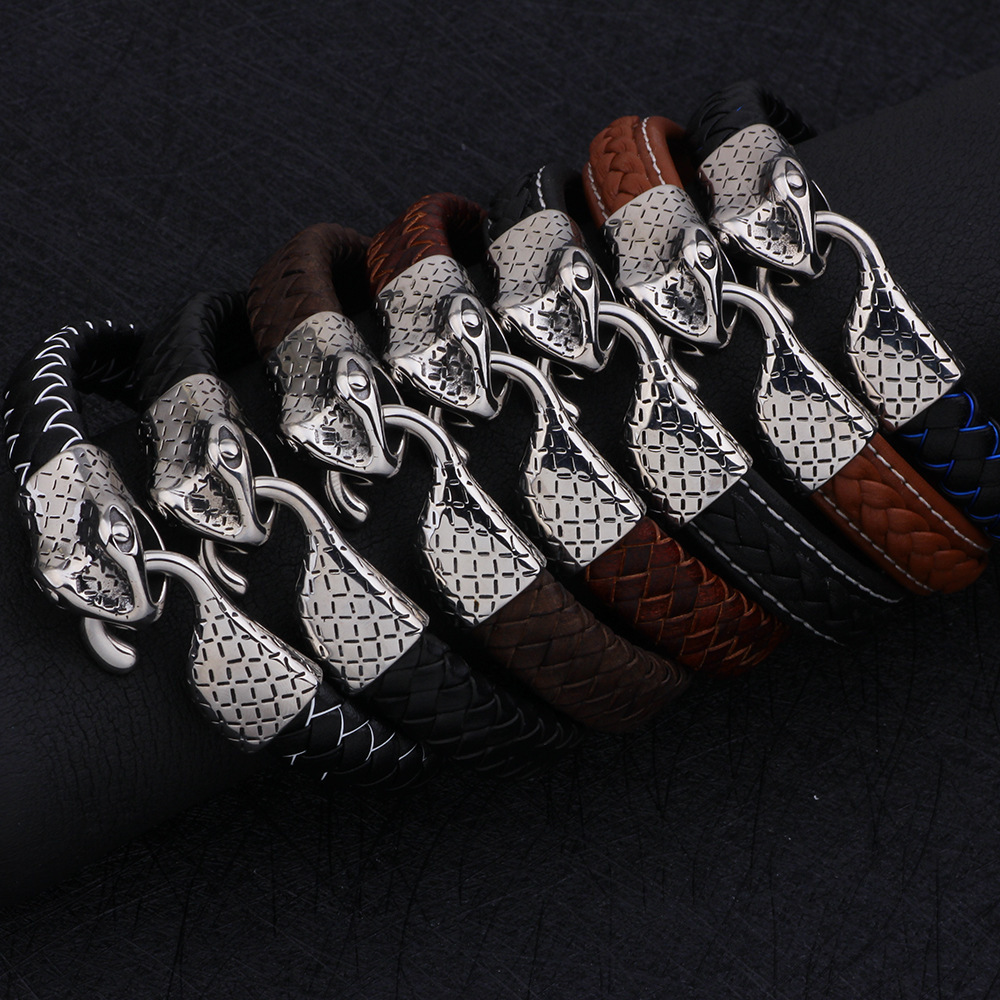 Classic Personalized Leather Stainless Steel Snake Head Handmade Woven Fashion Street Bracelet ddmymoon