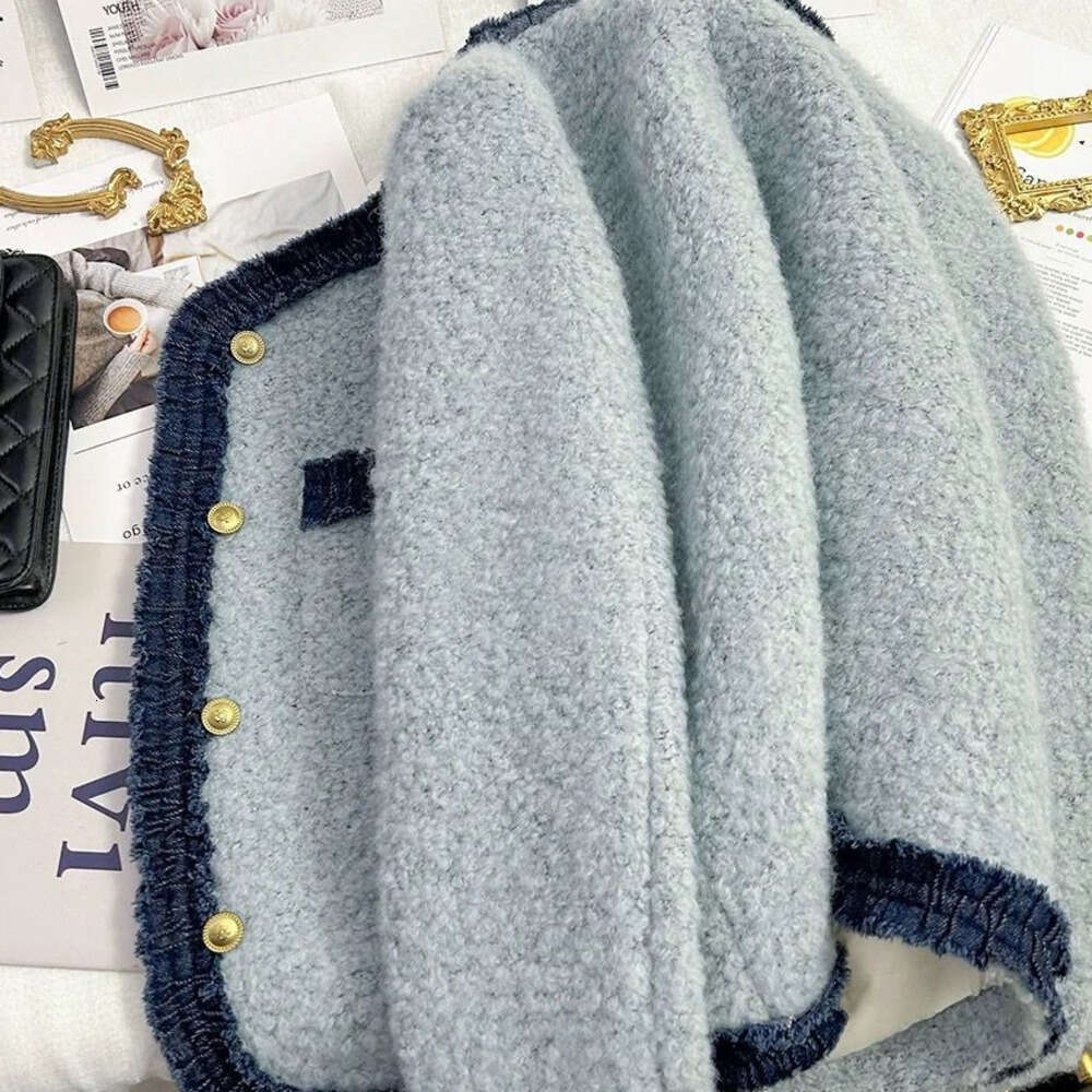 DHEssentials Lined with Fleece, Thickened, Patchwork Blue Style French Short Coat, New Autumn Winter Elegant High-end Top