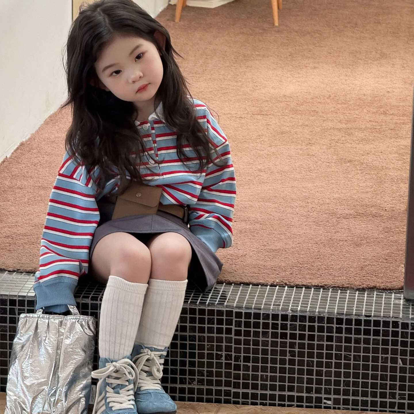 Girls Suit 2025 Autumn New Childrens Clothing Korean Style Girl Baby Print Stripe Retro Stripe Hoodie Bag Hip Skirt Two Sets C250913