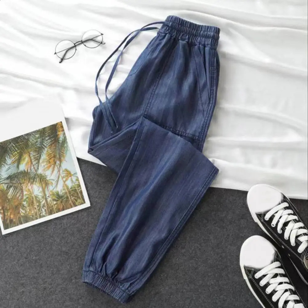 Summer Thin Ice Silk Jeans Women Elastic High Waist Drawstring Harem Loose Allmatched Beam Leg Nine Points Denim Pants Z260313