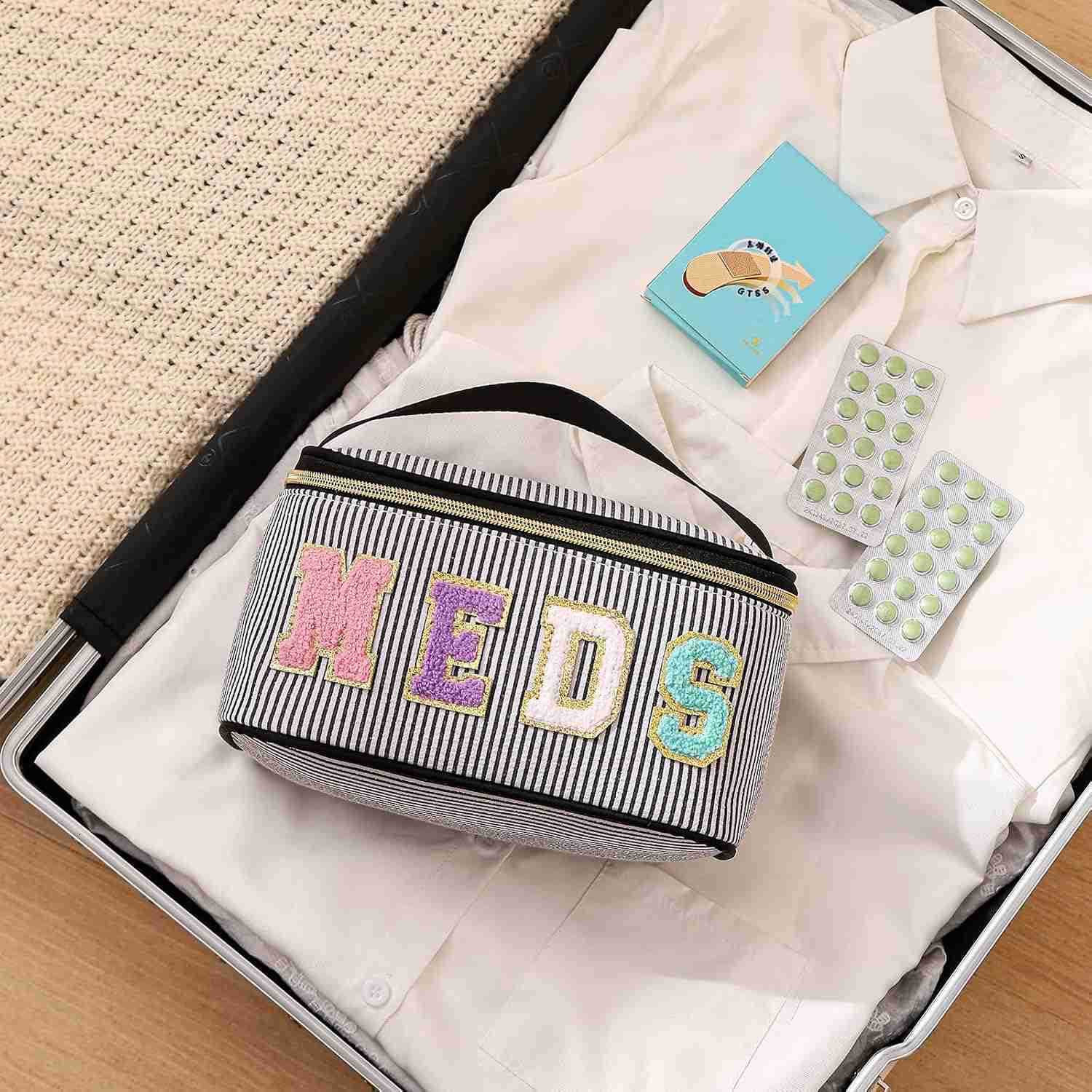 Letter MEDS Makeup BagLarge Size Striped Medicine RX Cosmetic Bag with Top Handle Aesthetic Seersucker First Aid Travel Organizer Bag for Women Girls0