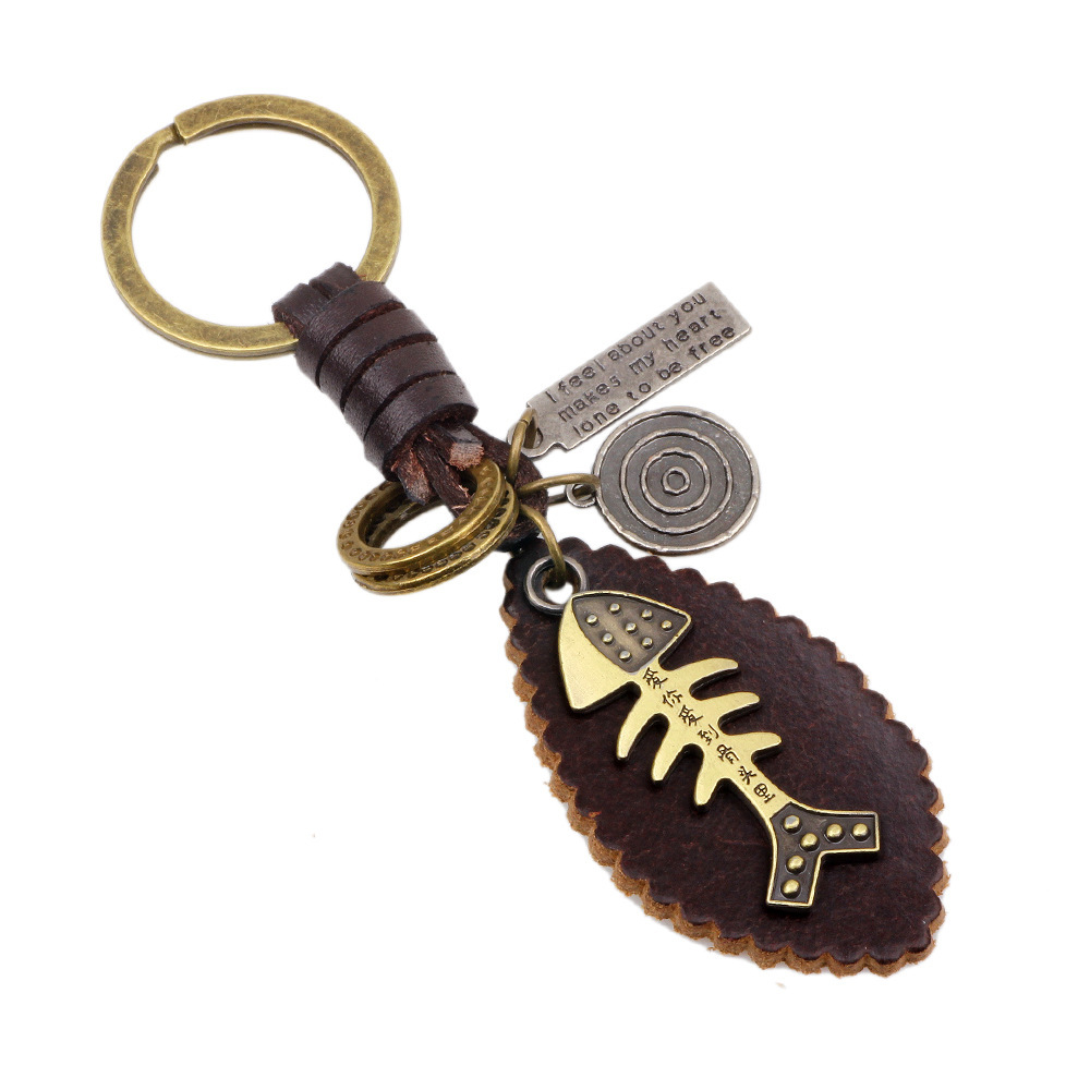 Fashion Fishbone Keychain Genuine Leather Punk Style Personality Key Trendy Accessories Hanging Ring ddmymoon