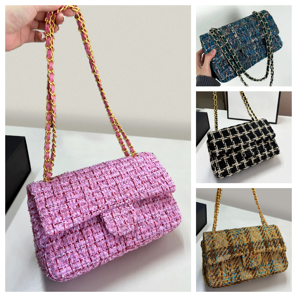 Autumn Designer tweed flap bag Shoulder Bag Korean Fashion Women Tweeds Crossbody Handbag Diamond Quilted Designer tweed bag Luxury double flap Chain bag With box