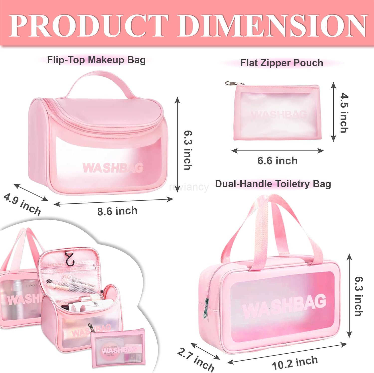 3Pack Travel Toiletry Bag Set Waterproof PVC Makeup Bag Translucent Hanging Toiletry Bag for Women Different Size Makeup Organizer with Handle Zipper 